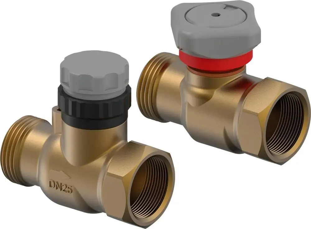 Vario Regulierventil von Uponor mit Anschlussgewinden und zwei unterschiedlichen Ventilkappen zur Regelung des Durchflusses.